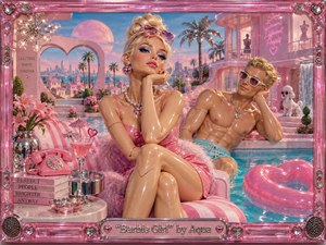 A glamorous plastic-like couple lounges beside a turquoise pool in a fantastical pink dreamhouse world, surrounded by palms, flowers, heart motifs, and glossy retro furnishings. Candy-pink, aqua, and peach tones glow under warm sunset light, creating a playful, artificial mood with satirical undertones, hyper-detailed surfaces, reflections, and sculpted textures.