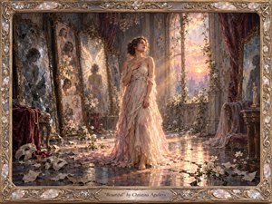A graceful woman stands barefoot in a decaying mirrored ballroom, illuminated by warm sunset light streaming through an open window. Cracked reflections, scattered masks, white flowers, and peeling walls suggest vulnerability and renewal. Soft pinks, golds, burgundy, and silver create a romantic, painterly atmosphere framed by ornate jeweled metalwork.