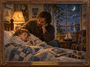 A tender father watches over his sleeping son in a cozy, moonlit bedroom filled with books, toys, and a small sailboat. Warm amber lamplight contrasts with cool blue city night beyond the window. Rich painterly textures, carved wood framing, soft shadows, and nostalgic details create an intimate, protective, dreamlike atmosphere.