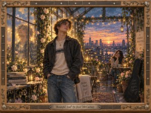 A young man stands thoughtfully in a flower-filled rooftop greenhouse at sunset, while a woman watches warmly from a nearby cafe table. Golden string lights, roses, lanterns, and a glowing city skyline create a tender romantic mood. Rich painterly textures, warm amber light, soft blues, and an ornate guitar-inspired wooden frame complete the scene.