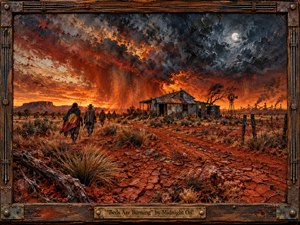 A scorched Australian outback stretches beneath a turbulent, fire-colored sky as figures cross cracked red earth toward a weathered homestead. Deep oranges, rust, charcoal, and moonlit blue create urgent contrast. Thick, textured brushwork, windswept vegetation, industrial silhouettes, and a rugged timber-and-metal frame evoke displacement, protest, resilience, and environmental tension.