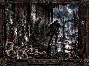 A solitary, battle-worn figure strides through a rain-soaked industrial ruin, surrounded by shattered mirrors, ghostly reflections, scattered photographs, and rusted machinery. Black, steel gray, and blood red dominate beneath cold moonlight and harsh reflections. The intricate metal frame, distressed textures, and engraved title plate create a brutal, haunted, handcrafted atmosphere.