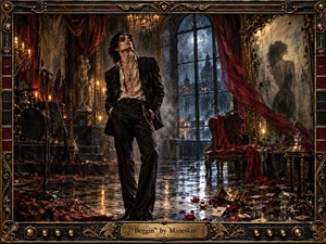 A brooding rock figure stands in a decaying candlelit ballroom, framed by rain-streaked windows, crimson drapery, cracked mirrors, roses, scattered cards, and abandoned instruments. Deep blacks, burgundy, bronze, and cold blue light create seductive tension. The richly textured, theatrical painting blends gothic decadence, restless longing, and rebellious stage energy.