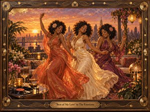 Three radiant women dance across a flower-filled rooftop at sunset, their flowing orange, ivory, and plum gowns shimmering with gold accents. A glowing city skyline and bridge frame the joyful scene, while candles, vinyl records, lanterns, and lush greenery deepen the warm 1970s atmosphere. Rich painterly textures and ornate wood-and-brass framing create a celebratory, handcrafted elegance.