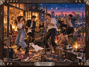 A jubilant rooftop band performs at dusk, surrounded by dancing friends, glowing string lights, instruments, photographs, and scattered keepsakes. Warm amber interiors contrast with a deep blue and violet city skyline. Richly textured painterly detail, energetic poses, flying papers, and a handcrafted wood-and-metal musical frame create a nostalgic, celebratory atmosphere.