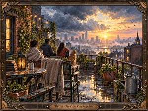 Three friends and a golden dog sit quietly on a rain-washed rooftop terrace, watching sunlight break through storm clouds above a misty city skyline. Warm amber light reflects in puddles and windows, contrasting with cool gray skies. Lush plants, weathered furniture, glowing lanterns, and an ornate bronze frame create a hopeful, handcrafted atmosphere.