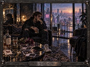 A tattooed man sits alone in a dim, luxurious apartment overlooking a rain-soaked neon city at sunset. Scattered photographs, wilted roses, drinks, and a silent phone suggest lingering heartbreak. Deep blacks, amber reflections, violet skies, and cinematic lighting create a melancholic, introspective mood within a richly textured, handcrafted metal frame.
