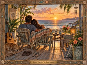 A couple sits closely on a weathered seaside porch, watching a golden sunset shimmer across the ocean. Warm amber, coral, turquoise, and sandy tones create a peaceful, intimate mood. Hand-painted watercolor and gouache textures enrich the rustic frame, guitar, sleeping dog, tropical flowers, lantern, mugs, woven blanket, and sunlit wooden deck.