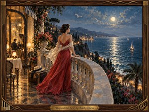 A woman in a flowing crimson gown stands on a moonlit Mediterranean terrace, gazing across shimmering blue water toward distant coastal lights and sailboats. Warm golden lamps, flowers, and a pianist contrast with the cool sea and sky. Rich painterly textures, romantic lighting, and an elegant wooden brass-trimmed frame evoke nostalgic mid-century glamour.