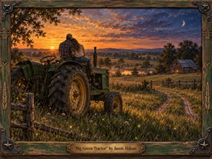 A couple sits closely atop a weathered green tractor overlooking rolling farmland at sunset. Warm amber light washes across tall grass, fences, a distant barn, and glowing fireflies beneath a deepening blue sky and crescent moon. Rich painterly textures, rustic wood framing, metal accents, and soft romantic atmosphere create nostalgic country warmth.