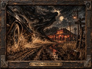 A roaring black muscle car tears through a muddy rural road toward a glowing roadside juke joint beneath a stormy moonlit sky. Shadowy, windblown forms twist overhead, heightening the restless, dangerous mood. Burnt orange lights, deep browns, and charcoal blacks dominate the richly textured, painterly scene, framed with distressed wood and metal.