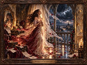 A woman in a flowing crimson-and-ivory gown stands within a candlelit Gothic chamber, facing a rain-soaked balcony and distant city. Warm gold light contrasts with stormy blue skies, scattered roses, torn letters, and reflective stone. Ornate framing, dramatic fabric, cracked mirrors, and painterly detail create passionate, wounded romance.