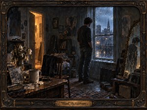 A solitary man stands before a rain-streaked window in a dim, cluttered room, surrounded by wilted flowers, photographs, books, and a cracked mirror. Cool blue city light contrasts with a warm doorway glow, creating a mood of longing and emotional distance. Painterly textures and an ornate guitar-inspired frame deepen the melancholy atmosphere.
