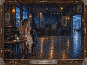 A solitary woman sits pensively in a weathered country dance hall, surrounded by an empty stage, worn wooden floors, and rain beyond an open doorway. Deep blues and smoky indigo contrast with warm amber lamps and reflections. Painterly oil textures, rustic details, a cowboy hat, white rose, and ornate frame deepen the melancholy.