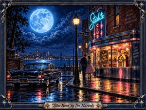 A luminous blue moon hangs over a rain-slicked 1960s city waterfront, where a couple stands beside a glowing neon diner and vintage car. Deep cobalt skies contrast with warm amber and red reflections, creating a romantic, nostalgic mood. Painterly textures, dramatic lighting, musical details, and an ornate metallic frame enrich the handcrafted composition.