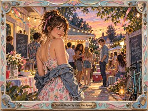 A young woman in a floral dress glances playfully across a glowing backyard party at sunset. Warm string lights, pastel streamers, flowers, bicycles, and mingling guests create a buoyant romantic mood. Painterly textures, coral and turquoise accents, soft golden light, and a handcrafted decorative frame evoke youthful anticipation and summer nostalgia.