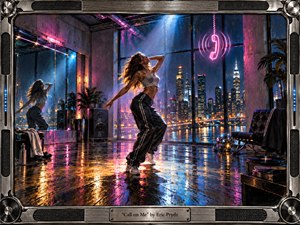 A lone dancer moves through a rain-slicked urban loft overlooking a glowing nighttime skyline, surrounded by mirrors, speakers, vinyl records, and a neon telephone symbol. Electric pink, blue, and amber reflections shimmer across the floor, creating an energetic, sensual club atmosphere within a polished, cinematic digital painting framed by industrial metal.