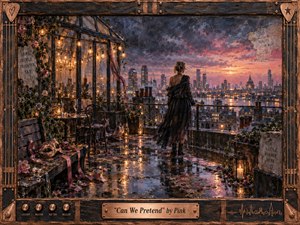 A solitary woman stands on a rain-slick rooftop terrace overlooking a glowing city at sunset, surrounded by roses, candles, ribbons, and an abandoned masquerade mask. Warm amber lights contrast with violet storm clouds and pink skies, creating a bittersweet, romantic mood. Painterly textures, reflections, and ornate framing enrich the handcrafted atmosphere.