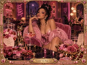 A glamorous woman lounges confidently in a decadent pink-and-gold confectionery boudoir, surrounded by jewel-like candies, velvet furnishings, reflective surfaces, roses, and sleek feline sculptures. Warm cinematic lighting glows against deep magenta shadows and a moonlit city skyline, while an ornate heart-and-music frame completes the playful, seductive, richly handcrafted pop-art atmosphere.