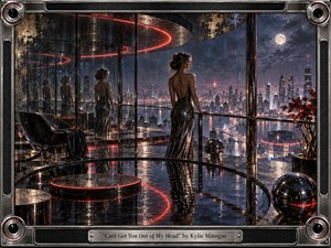 A solitary woman in a shimmering dark gown overlooks a futuristic moonlit city from a glass-walled rooftop lounge. Repeated reflections, glowing red rings, chrome spheres, and wet mirrored surfaces create a hypnotic, elegant mood. Midnight blues, silver, charcoal, and crimson highlights combine with painterly textures and a sleek metallic frame.