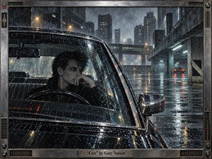 A solitary driver sits inside a rain-soaked black car beneath stark city towers and concrete overpasses. Cold blue-gray shadows, amber streetlights, wet reflections, and distant red taillights create an isolated, futuristic mood. Detailed metallic textures, glistening glass, industrial architecture, and a mechanical frame evoke late-1970s synth-driven urban alienation.
