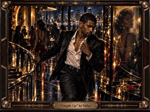 A sharply dressed man moves through a luxurious nighttime club overlooking a glittering city, caught between attraction and uncertainty. Warm gold reflections streak across polished floors, glass, and metal, contrasting with deep blacks and crimson accents. Cinematic digital painting, expressive lighting, mirrored figures, dancing crowds, and an ornate bronze-and-wood frame heighten the restless, seductive mood.