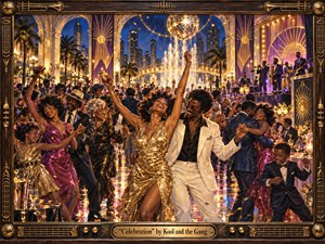 A jubilant disco-era celebration fills a glamorous outdoor plaza beneath a mirrored ball and glowing city skyline. Dancers in gold, magenta, black, and white surge toward the foreground as fountains sparkle behind them. Warm amber lights, Art Deco arches, palm trees, musicians, and an ornate brass-and-wood frame create exuberant, handcrafted theatrical richness.