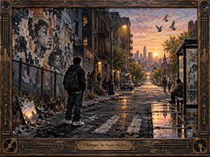 A solitary young figure stands on a rain-darkened city street at sunrise, surrounded by weathered brick buildings, murals, pedestrians, and reflective pavement. Warm gold and amber light breaks through cool grays and rust tones, creating a hopeful yet somber mood. Painterly realism, distressed textures, flying birds, and an ornate bronze frame deepen the sense of struggle, memory, and change.