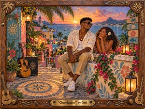A stylish couple shares a warm, affectionate moment on a tropical seaside terrace at sunset, surrounded by palms, bougainvillea, lanterns, guitars, and painted stucco walls. Golden-orange light reflects across the blue harbor, creating a joyful, romantic atmosphere. Rich painterly textures, carved wood framing, mosaic details, and festive island colors complete the scene.