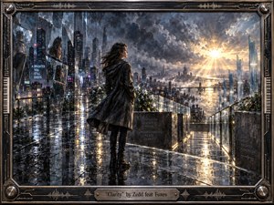 A solitary woman stands on a rain-slicked rooftop overlooking a luminous futuristic city, caught between storm-darkened towers and a radiant golden horizon. Shattered reflections, glass railings, and mirrored surfaces deepen the sense of emotional fracture and renewal. Cool blues and blacks contrast with warm sunlight in a cinematic, highly detailed digital painting.
