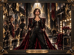 A commanding woman stands confidently in a lavish black-and-gold backstage hall, framed by fractured mirrors, velvet crimson fabric, glowing vanity lights, and dramatic stairways. Strong spotlights create a regal, defiant mood, while deep shadows, reflective floors, metallic details, and theatrical styling give the scene a polished, cinematic, handcrafted intensity.