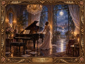 A romantic moonlit salon glows with candlelight as an elegant woman stands beside a grand piano, gazing toward a luminous city beyond tall windows. Deep blues, warm golds, polished wood, roses, crystal, and flowing curtains create a dreamy, theatrical mood, framed by ornate piano-inspired gilded decoration and a brass title plate.