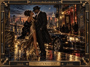 A glamorous couple stands beside a polished black car on a rain-slicked city street, surrounded by glowing skyscrapers, nightlife, and golden reflections. Rich black, bronze, amber, and crimson tones create a charged romantic mood. Textured painterly surfaces, dramatic lighting, ornate musical framing, and urban details evoke luxury, passion, and restless energy.