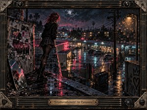 A solitary punk-styled woman stands on a rain-soaked rooftop overlooking a gritty neon-lit city, surrounded by tangled power lines, graffiti, shattered reflections, and glowing streetlights. Deep blacks, crimson pinks, icy blues, and amber highlights create restless tension, while richly textured mixed-media realism and a weathered musical frame intensify the rebellious mood.