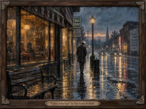 A solitary man walks through a rain-soaked mid-century town, framed by a warmly glowing cafe and reflective streetlights. Deep blues, charcoal grays, amber windows, and wet pavement create a wistful, lonely mood. Painterly textures, vintage architecture, distant cars, and a carved wooden frame evoke restrained heartbreak and nostalgic melancholy.