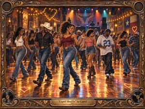 A lively dance hall pulses with communal energy as a diverse crowd moves together across a glowing wooden floor. Warm amber lights mingle with vivid blue and red stage beams, reflecting through the room. Rustic Western details, denim, boots, records, carved wood, and ornate bronze framing create a festive handcrafted atmosphere.