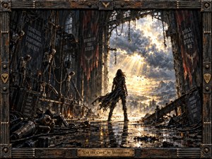 A lone figure stands amid a shattered industrial hall, facing a radiant mountain horizon beyond broken chains and twisted machinery. Dark charcoal, rust, and crimson tones contrast with brilliant gold sunlight piercing storm clouds. The dramatic mixed-media style emphasizes scorched metal, wet reflections, weathered textures, and a powerful atmosphere of defiance, release, and renewal.