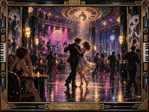 A glamorous Art Deco dance hall glows with pink, violet, gold, and midnight blue light as an elegantly dressed couple spins across a reflective floor. A live band, crowded balconies, palm silhouettes, city windows, chandeliers, and mirrored disco spheres create romantic energy, framed by ornate black-and-brass musical detailing.