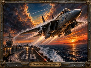 A fighter jet roars above an aircraft carrier at sunset, surrounded by turbulent clouds, sea spray, and glowing exhaust. Fiery oranges contrast with deep blues and steel grays, creating a tense, adrenaline-charged mood. Painterly realism, dramatic lighting, weathered metal textures, and an aviation-inspired frame reinforce the powerful cinematic atmosphere.