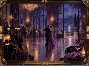 A moonlit ballroom glows in rich violet, indigo, and amber tones as an elegant couple dances beneath crystal chandeliers. Musicians, polished instruments, arched windows, floral arrangements, and reflective floors create a romantic 1930s atmosphere. Painterly realism, warm candlelight, distant mountains, and an Art Deco frame deepen the nostalgic sophistication.