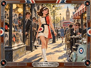 A stylish young woman strides through sunlit 1960s London, surrounded by suited admirers, record-shop displays, cafe tables, a scooter, red bus, and Big Ben. Warm golden light, bold red-white-blue accents, and textured painterly brushwork create a buoyant pop-art mood, framed with polished wood, records, chrome strings, and a metal title plate.