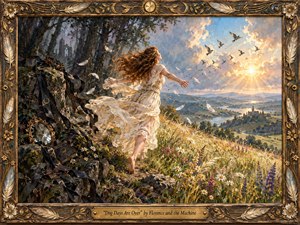A barefoot woman in a flowing white dress breaks from a shadowed woodland into a radiant wildflower valley, her hair and fabric swept by wind. Golden sunlight, soaring birds, distant water, and ruined stonework create a mood of release and renewal. Painterly textures, rich earth tones, and an ornate botanical frame complete the image.