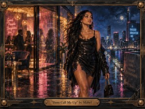 A confident woman strides across a rain-slick rooftop terrace, leaving a glowing lounge behind as the city sparkles beneath a moonlit sky. Rich blues, pinks, golds, and black dominate the scene, with reflective pavement and neon accents creating cinematic drama. Painterly textures, elegant framing, and bold posture convey independence and renewed self-worth.