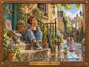 A joyful woman relaxes on sunlit stone steps in a lush urban courtyard after rain, surrounded by flowers, vines, a stretching cat, playful child, bicycles, and glowing brick walls. Warm golden light, bright blues and greens, reflective puddles, painterly realism, and a carved musical wood frame create an uplifting, carefree atmosphere.