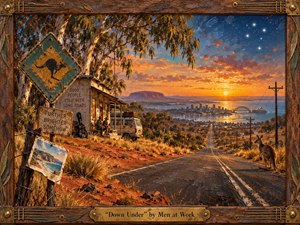 A weathered Australian road descends from a red-dust hillside toward a glowing coastal city at sunset, framed by eucalyptus trees, kangaroos, roadside signs, and a battered van. Warm oranges, ochres, and deep blues create a nostalgic, adventurous mood, rendered in richly textured painterly detail beneath a handcrafted wooden musical frame.