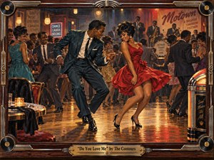 A sharply dressed couple dances exuberantly in a crowded 1960s Detroit nightclub, surrounded by smiling patrons, a live soul band, and glowing amber lights. Rich reds, deep blues, polished wood, and reflective flooring create warmth and movement. Painterly textures, vintage details, records, chrome accents, and an ornate frame evoke classic Motown energy.