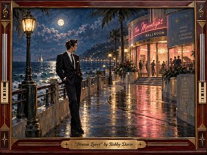 A sharply dressed young man pauses along a moonlit seaside promenade outside a glowing mid-century ballroom, gazing toward the lively dancers within. Deep blues, warm golds, coral neon, and wet reflections create a romantic, wistful mood. Painterly realism, palm silhouettes, ocean spray, vintage architecture, and an ornate musical frame evoke hopeful longing.