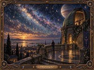 A solitary figure stands on a rain-slick observatory terrace beneath a vast celestial sky, where stars, meteors, and a luminous planet sweep over a glowing coastal city. Deep indigo, violet, copper, and amber create a wistful, dreamlike mood, enhanced by painterly textures, warm lantern light, ornate bronze framing, and astronomical details.