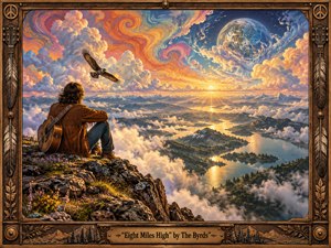 A lone guitarist rests on a flowered mountain cliff above misty valleys, winding lakes, and distant peaks beneath a radiant sunset. Swirling psychedelic clouds, a soaring bird, and a luminous planet create a dreamlike 1960s mood. Warm gold, blue, and violet tones glow within an ornate carved folk-rock frame.