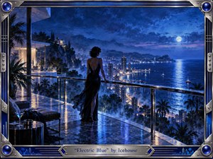 A solitary woman in a flowing black dress overlooks a luminous coastal city from a rain-slicked terrace. Electric blues dominate the moonlit sea, stormy sky, and reflective architecture, creating a romantic, mysterious mood. Painterly textures, glowing windows, distant yachts, palm silhouettes, and a metallic jeweled frame heighten the cinematic elegance.